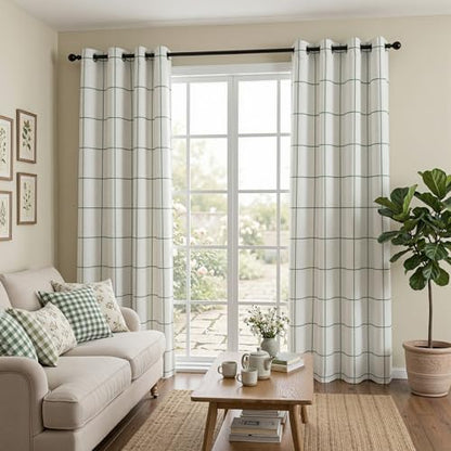 MYSKY HOME 100% Blackout Green Plaid Linen Curtains 84 Inch Long 2 Panels Set Double Layer Farmhouse Thermal Insulated Striped Print Drapes Grommet Top for Bedroom Living Room, 52" W Each Panel - color: Green, size: 52"W x 84"L (Pack of 2)