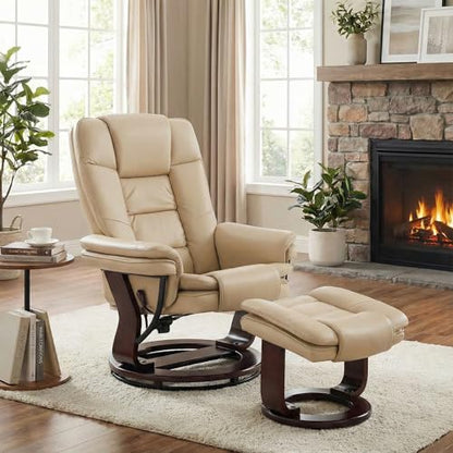 Swivel Recliner Chair with Ottoman Reclining Lounge Sofa Footrest, Set of 1 | 360°Sturdy Wood Base, Soft Faux Leather, Upholstered Ultra-Plush Foam, Modern Armchair, Living Room Bedroom Office Reading - color: Beige, size: Set of 1