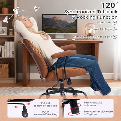 BEWISHOME Brown Leather Office Chair with Quiet Rubber Wheels | 380 lb Capacity, 22" Wide Seat, Removable Armrests, Lumbar Support ,Ergonomic Design for Home Office. Mid Century Modern