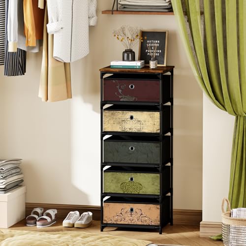 VASICAR Storage Unit with 5 Drawers, Fabric Nightstand, Wood Top | Clothes Organizer, Craft Storage Chest, Small Pattern Dresser for Bedroom, Closet, Nursery, Dorm - size: 11.8"D x 15.8"W x 37.8"H (5 Drawers)