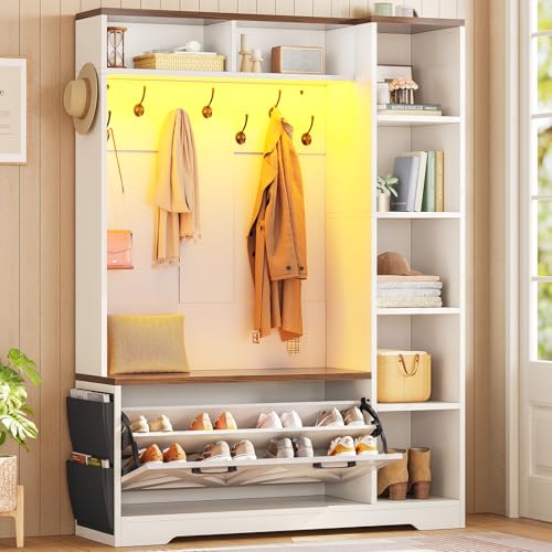 Itaar Hall Tree with Bench and Shoe Storage, Farmhouse Entryway Bench with Coat Rack, Shoe Cabinet with Flip Drawers, 7 Shelves, 10 Coat Hooks, Storage Bag, Led Lights, White - color: White, size: 11.8"D x 43.3"W x 70.9"H