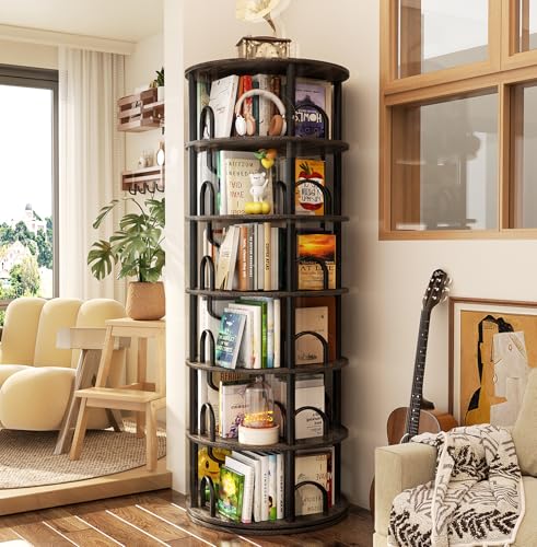 Aheaplus 6 Tier Rotating Bookshelf Tower, Revolving Bookcase, 360° Round Spinning Book Shelf, Narrow Swivel Bookshelves Vertical Turning Corner Bookshelf Organizer for Small Space, Black Oak - color: Black Oak, size: 6 Tier, 71" H