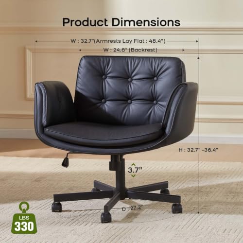 amseatec Criss Cross Office Chair, Swivel Makeup Vanity Chair with Wheels | Wide PU seat supports cross-legged, fidget-friendly sitting; 5-level armrests create pet space; wipe-clean finish eases care - color: Black