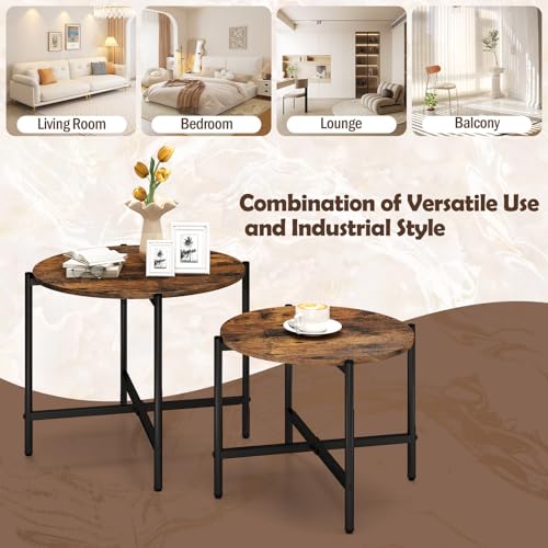 GOFLAME Nesting Coffee Table Set of 2, Round Coffee Tables with Wood Tabletop & Heavy-Duty Metal Frame, Modern Circle End Table & Side Tables, Nesting Tables for Living Room, Bedroom (Rustic Brown) - color: Rustic Brown