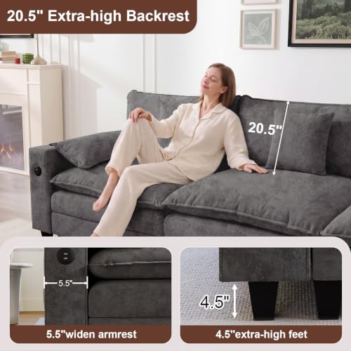 KCGKCG 116" 3-Seater Cloud Sofa, Modular Sectional Couch, Chenille Deep Seat Cloud Couch with Charging Station, Cup Holder, Side Pocket, Double Layer Seat Cushion Couches for Living Room, Grey - color: Grey, size: 116"- Loveseat