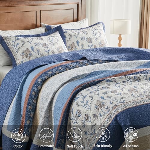 Quilta Oversized King Bedspreads 120x120 - Farmhouse Floral Striped Design California King Quilt Set, 3-Piece 100% Cotton Textured Lightweight Comforter Coverlet Set, Cal King, Navy/Cream/Taupe - color: Navy/Sky Blue/Terracotta/Cream, size: King(120"x120"
