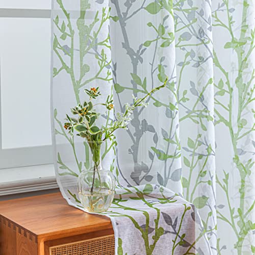 Luvyohmee White Green Curtains 72 Inch Length 2 Panels Set, Semi Sheer Window Curtain Drapes for Living Room/Bedroom, Green Nature Tree Branches Patterned Linen Textured Curtains, Grommet Top W52XL72 - color: Sage Green, size: 52"W x 72"L (Pack of 2)