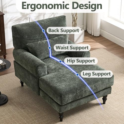 Chaise Lounge Chair Indoor Bedroom, Comfy Lounge Chair with Wide Armrest & Backrest for Small Space, Thick Cushion, High-Density Foam, Waist Pillow, Chenille (Green) - color: Green