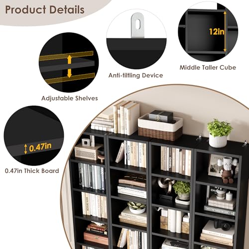 FOTOSOK 71'' H Black Bookshelf with 21 Cubes, Triple Wide Tall Bookshelf | 8 Tier Bookcase with 8 Adjustable Shelves, Large Bookshelf DVD/CD Media Tower Storage, Freestanding Display Shelf Cabinet - color: Black