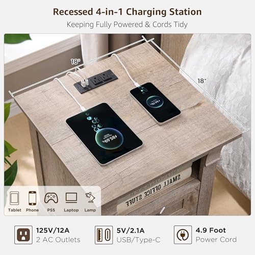 Nightstand Set of 2, 18" Wood Side Table with Charging Station Roman Column | End Table, Bedside Cabinet for Bedroom, Living Room, Light Rustic Oak - color: Light Rustic Oak, size: 18"D x 18"W x 24"H