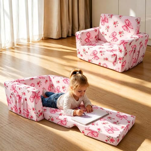 Kids Couch, 2-in-1 Kids Fold Out Couch | Convertible Sofa to Lounger for Girls and Boys, Soft Toddler Chairs Comfy 1-3 Years Old, Pink Bow - color: Pink Bow