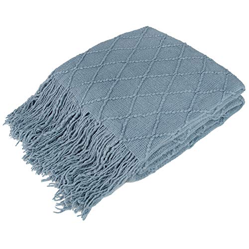 PAVILIA Dusty Blue Knit Throw Blanket, Soft Knitted Farmhouse, 60x80 | Twin Bed, Lightweight Decorative Summer Fall Throw, Outdoor Textured Boho Blanket, For Couch Sofa Chair Living Room Bedroom - color: Dusty Blue, size: 60 X 80 Inches - Twin