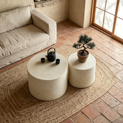 Round Nesting Coffee Table Set of 2 Living Room, No Assembly | Modern Wooden Center Tables, Tea Table for Apartment, Small Circle Accent End Table Set, Beige&White - color: A-beige&white