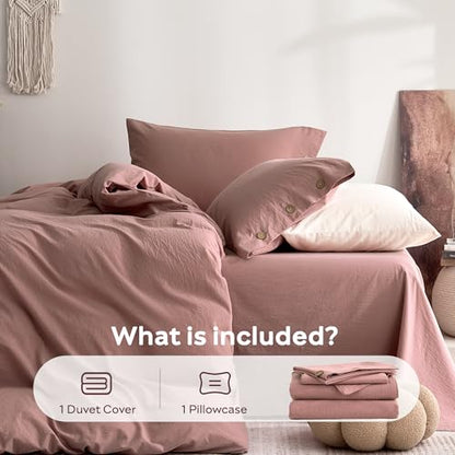 JELLYMONI 100% Washed Cotton Darker Rose Duvet Cover Twin, Linen-Like | OEKO-TEX Certified, Soft, Breathable Percale Bedding with Natural Wrinkle Texture, Button Closure, 2-Piece Set, 68"x90" - color: 01- Darker Rose, size: Twin(68"×90")