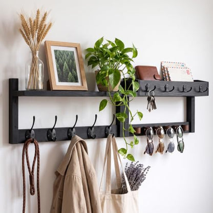 Wooden Key Holder Wall Mount with Shelf, Wall Key Rack and Mail Holder with 9 Key Hooks and 6 Sunglasses Holders, Farmhouse Key Hanger for Entryway Living Room Bedroom, Black - color: Black
