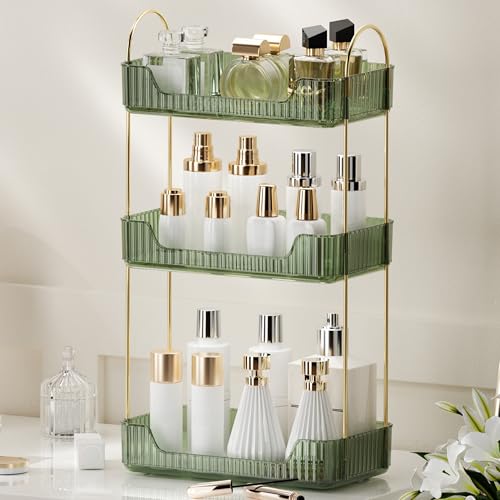 YCIA&DONE Bathroom Organizer Countertop, Makeup Storage, Skincare Cosmetic Tray Shelf, Perfume Holder Rack for Vanity Counter, Large Capacity, Easy to Install, Clean, 3 Tiers, Vintage Green - color: Vintage Green, size: 3-Tier