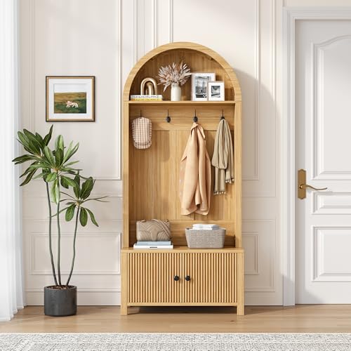 Hall Tree with Bench and Shoe Storage, 4-in-1 Mudroom Entryway Coat Rack & Shoe Storage Cabinet with 4 Hooks, Farmhouse Style Furniture Organizer for Hallway, Foyer, Natural - color: Natural-1