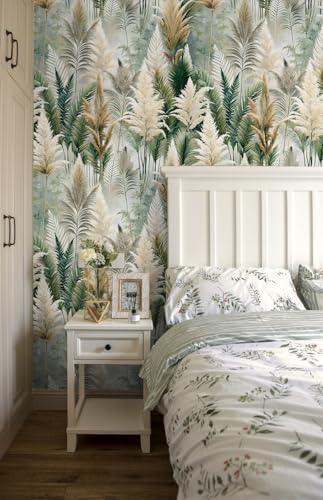 Floralplus Peel and Stick Wallpaper Boho Forest Removable Wallpaper | Wallpaper for Bedroom Bathroom Self Adhesive Renter Friendly Green Leaf Contact Paper for Cabinet Walls, 17.5 x 118 in