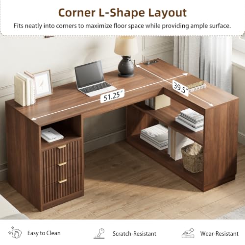 L-Shaped Home Office Desk with Storage Drawers & Shelves, Farmhouse Computer Desk with Power Outlet, 51.25" Writing Desk for Home Workstation Study, Walnut
