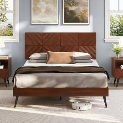 Bme Rhombus Queen Bed Frame – Solid Rubber Wood with Geometric Rhombus Headboard, Walnut Finish, Scandinavian Modern Platform Bed with Sturdy Slats & Metal Legs, No Box Spring Needed - color: Walnut, size: Queen, style: Scandinavian
