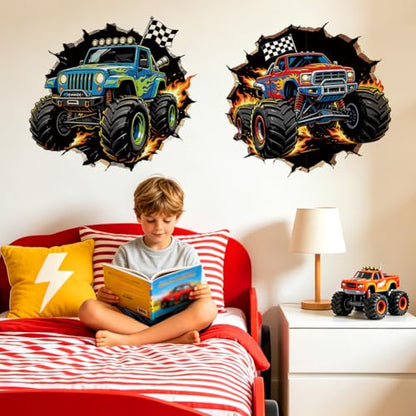 Monster Truck Through Wall Wall Decals, Wall Stickers Decor | 2 Sheets 11.8"x37.8" Vinyl Removable Peel and Stick Murals, Plant Decor for Bedroom, Bathroom, Office, Classroom & Home - style: Monster Truck Through Wall