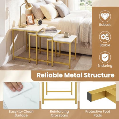 Giantex Nesting Coffee Table Set of 3, Small Center Tables, White | Faux Marble Coffee Table with Metal Frame, Space-Saving Stacking End Table for Small Space - color: White & Gold