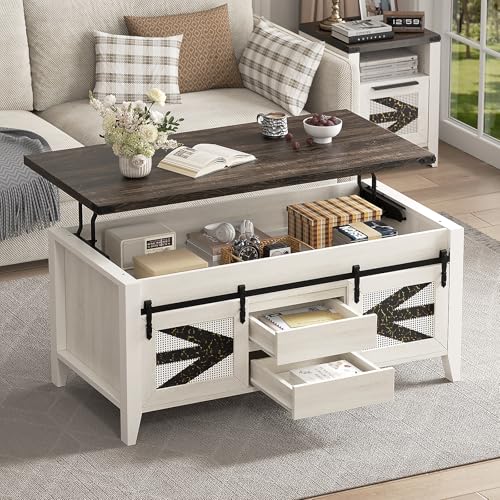 VFK 47.2" Lift Top Coffee Table with Hidden Compartment, Storage Drawers & Sliding Barn Doors, Farmhouse Rectangle Coffee Table for Living Room, Rustic Brown & White - color: Brown White