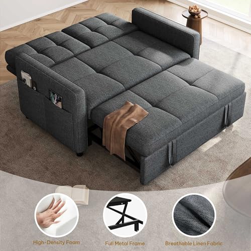 YITAHOME 55" Convertible Sofa Bed | 3-in-1 Sleeper Sofa with Iron Frame Pull-Out Bed, Linen Futon Couch with Reclining Backrest and Side Pocket, Modern Loveseat - color: Grey, size: 71.2 x 46.4in