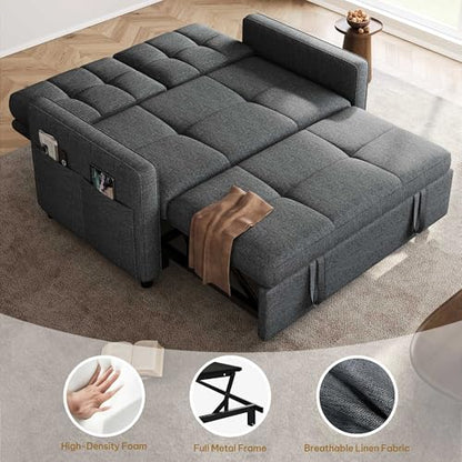 YITAHOME 55" Convertible Sofa Bed | 3-in-1 Sleeper Sofa with Iron Frame Pull-Out Bed, Linen Futon Couch with Reclining Backrest and Side Pocket, Modern Loveseat - color: Grey, size: 71.2 x 46.4in
