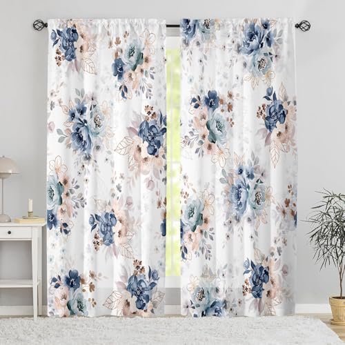 Floral Curtains 84 Inches Long for Living Room 2 Panels,Blue Flower Vintage Farmhouse Curtains Semi Sheer Light Filtering Pink Curtain for Bedroom,Rod Pocket Drapes Boho Curtain Room Decor - color: Blue Floral, size: 52"W x 84"L (Pack of 2)
