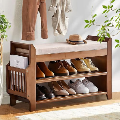 PETKABOO Shoe Bench with Hidden Drawer and Side Holder, 2 Tier Entryway Bench with Storage 31.5 in, Bamboo Shoe Rack with Cushion for Entryway Hallway Living Room Bedroom - size: 31.5"