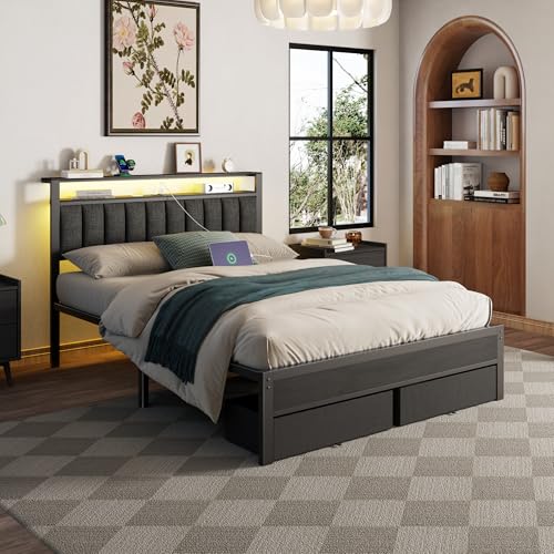 Queen Bed Frame with Storage Drawers and Upholstered Headboard | Metal Platform Bed with Charging Station, LED Lights, 2 Tier Shelves, Fabric Drawers. No Box Spring Needed, Noise Free, Grey - size: Queen