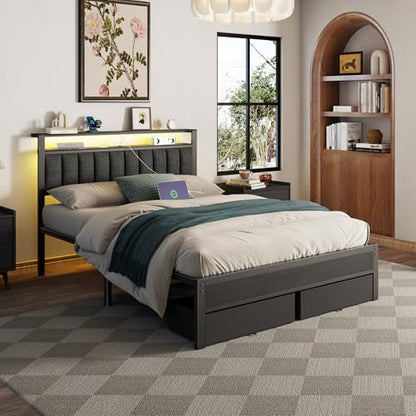 Queen Bed Frame with Storage Drawers and Upholstered Headboard | Metal Platform Bed with Charging Station, LED Lights, 2 Tier Shelves, Fabric Drawers. No Box Spring Needed, Noise Free, Grey - size: Queen