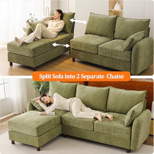 86'' Sectional Couches,with Movable Chaise Lounge,Chenille,Green | L Shaped Couch,Comfy 3 Seats Sofa with Thick Cushion,Wood Legs,2 Throw Pillows,Sectional for Living Room,Bedroom,Apartment - size: 86'' L Shaped Sofa