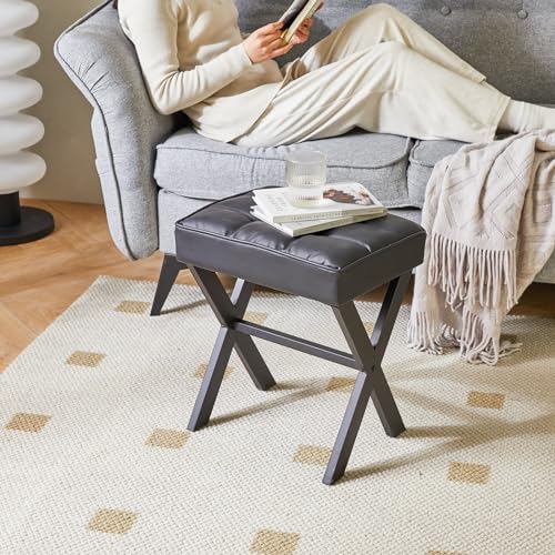 IBUYKE Square Makeup Stool with X-Leg, PU Vanity Chair, Black LG-71B | Footrest Ottoman Seat Multi-Use Small Side Table Bedroom Living Room - color: Black, size: 17.72"-Leather
