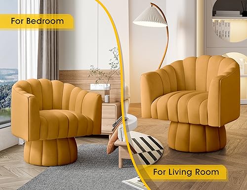 Dewhut Swivel Accent Chair, Barrel Accent Chair, Velvet, Mustard | Velvet Upholstered Round Arm Chair with 360° Swivel Base, Mid Century Modern Living Room Chair, Easy Setup - color: Mustard