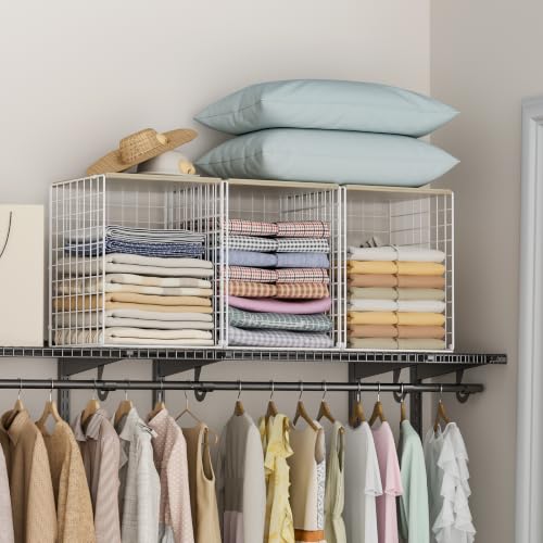 3-Pack Taller Stackable Closet Organizers and Storage with Wood Top,White | Wire Storage Bins for Clothes, Double Storage Design, Sturdy Metal Cube Shelf Organizer for Closet Wardrobe,White - color: White, size: 3Pack-12"L x 12"W x 15.74"H