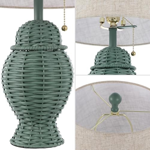 JONATHAN Y 20.5" Wicker Table Lamp, Green with Beige Shade, Set of 2 | Margie Bohemian Rustic Farmhouse Coastal Urn Rattan Metal, Pull Chain Switch, Linen, LED Bulbs Included - color: Green