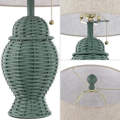 JONATHAN Y 20.5" Wicker Table Lamp, Green with Beige Shade, Set of 2 | Margie Bohemian Rustic Farmhouse Coastal Urn Rattan Metal, Pull Chain Switch, Linen, LED Bulbs Included - color: Green
