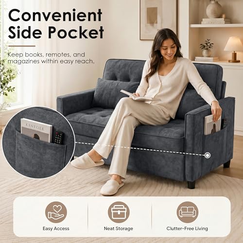 Dreamzie 55'' 3 in 1 Convertible Sofa Bed with USB Charging Ports, Pull Out Couch with Adjustable Backrest and Side Pockets, Sleeper Sofa for Living Room, Apartment, RV, Easy Assembly - Dark Grey - color: Dark Grey