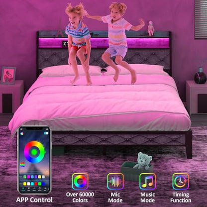 Winkalon Full Bed Frame with Ergonomic Headboard, Platform Bed Frame with RGB Lights, Outlets & Charger, Fast Assembly Bed Full Size, Modern Wood Upholstered Headboard,Gray - size: Full