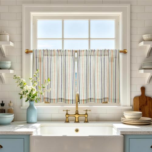 jinchan Striped Linen Kitchen Tier Curtains, 20 Inch, Coastal, 2 Panels | Light-filtering linen blend tiers with rod pockets, adding breezy coastal style to kitchens, bathrooms and small windows. - color: Rod Pocket Multi Coastal, size: 26"W x 20"L (Pack