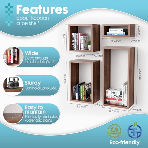 Wall Mount Shelf Set of 4, Floating Cube Shelves for Space Discovery Home and Commercial Use, Large Size Shelves Set, Dark Walnut - color: Dark Walnut, size: Set4