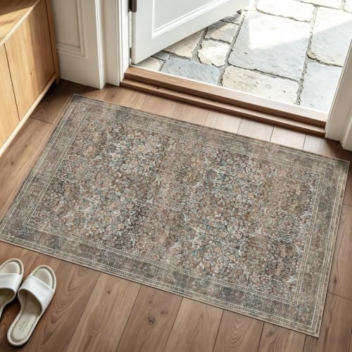 JOLLYVOGUE Vintage Floral Rug 2x3, Washable Entryway Rug with Faux Cashmere Surface, 0.2" Low Pile and Non-Slip Backing for Doorways, Small Spaces and High-Traffic Areas, Vintage Brown - color: Vintage Brown, size: 2' x 3' (Rectangular)
