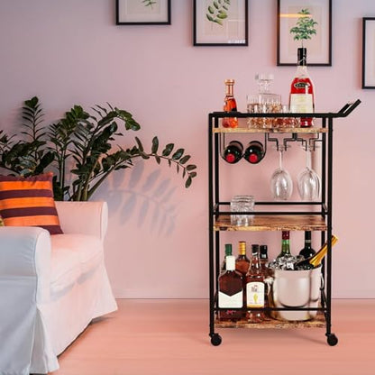 LOTEYIKE 3 Tier Bar Cart, Mini Liquor Utility Cart for Wine Beverage Dinner Party, Rolling Wine Coffee Drink Serving Cart with Lockable Wheels for Home Kitchen Bars (Rustic Brown) | Rolling Wine Coffee Drink Serving Cart with Lockable Wheels for Home Kitc