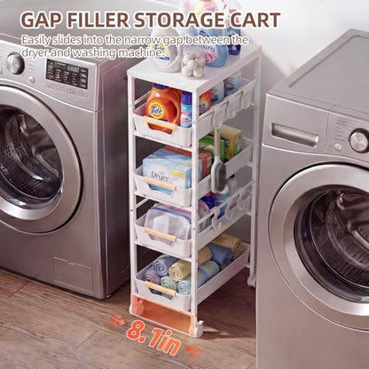 5 Tier Slim Rolling Storage Cart with Pull-Out Drawers, White | Narrow Utility Organizer Cart, Wooden Top, Wheels, For Small Spaces, Kitchen, Bathroom, Laundry Room - color: White