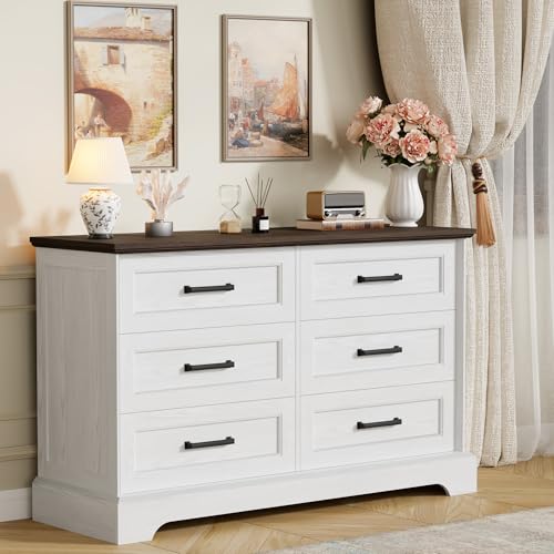 Furmax Farmhouse Dresser for Bedroom, 6 Drawers Dresser, White & Brown | Wood Chest of Drawers, 47.2" Storage Organizer, Anti-tip, TV Stand for Living Room - color: White and Brown
