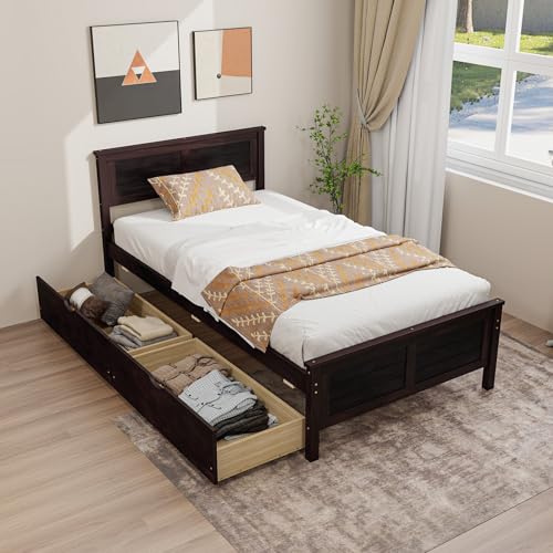 GIANTEX Wood Twin Bed with 2 Storage Drawers, Solid Wood Platform Bed with Headboard, Wooden Slats Support Mattress Foundation, No Spring Needed, Twin Bed Frame for Kids, Teens, Adults, Espresso - color: Espresso, size: Twin