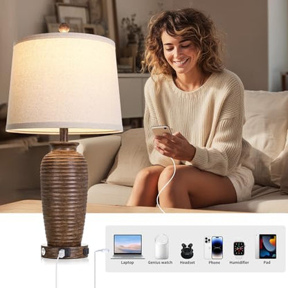 CINSARY 25" Retro Walnut Brown Farmhouse Jar Table Lamps Set of 2, 3 Way Touch Control Rustic Bedside Lamps with USB A+C Ports & AC Outlet, Pot Nightstand Lamps for Bedroom Living Room - color: Walnut Brown