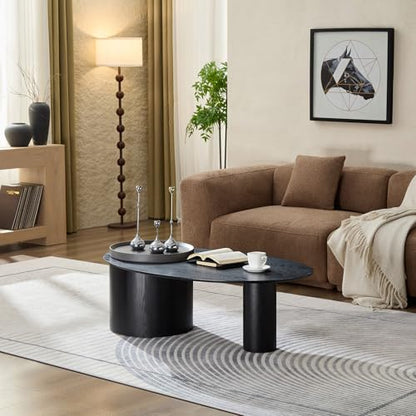 47.24" Modern Coffee Table with Storage Space, Round Low End Table, Rustic Style Bedside Table for Bedroom Living Room - color: Oval+tray-black